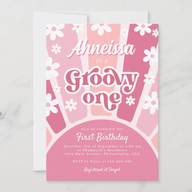 Invitation Pink Super One Retro Rainbow Daisy Premier anniver (Devant)