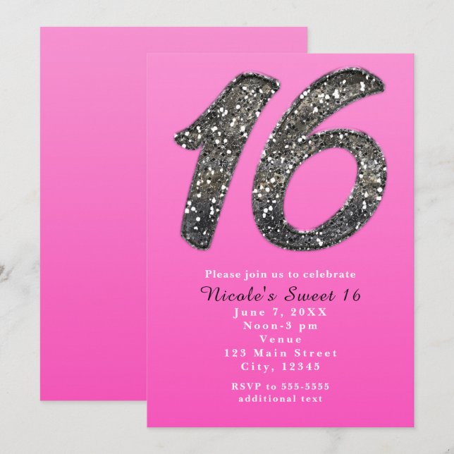 Invitation Pink Sweet 16 Parties scintillant Argent Invitatio (Devant / Derrière)