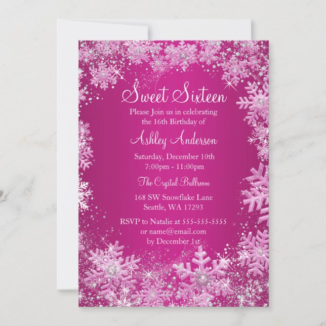 Invitation Pink Sweet 16 Winter Wonderland Sparkle Snowflakes (Devant)