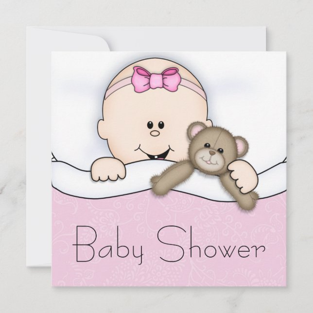 Invitation Pink Teddy Bear Baby Girl Douche (Devant)
