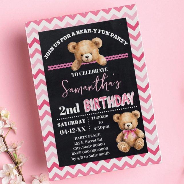 Invitation Pink Teddy Bear Little Bear Anniversaire Pink Chev (Créateur téléchargé)