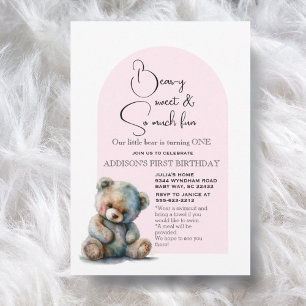 Invitation Pink Teddy Bear thème Aquarelle Premier anniversai