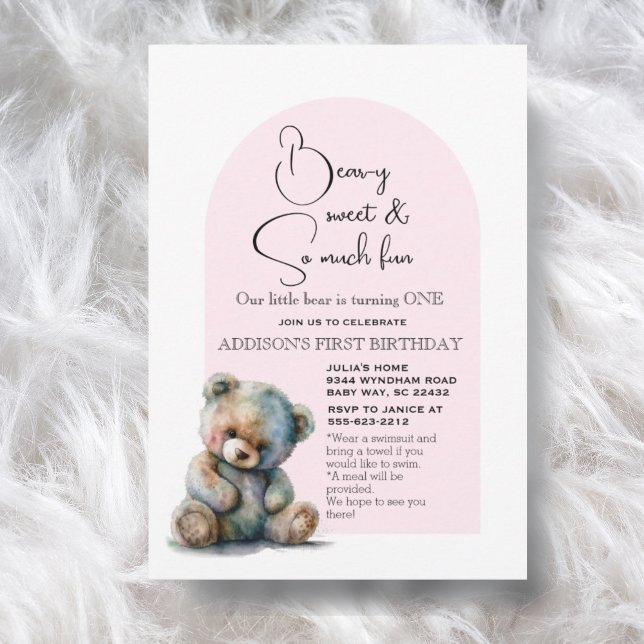 Invitation Pink Teddy Bear thème Aquarelle Premier anniversai (Créateur téléchargé)