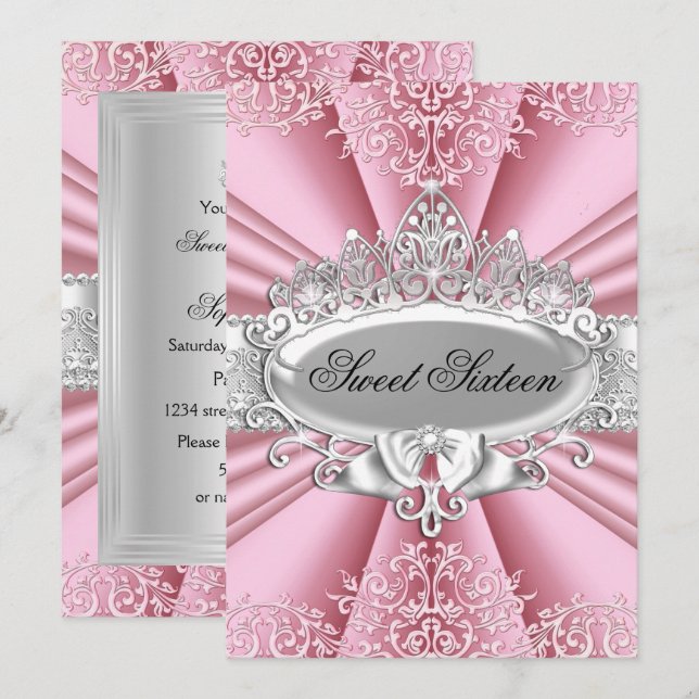 Invitation Pink Tiara Damask Sweet 16 Anniversaire (Devant / Derrière)