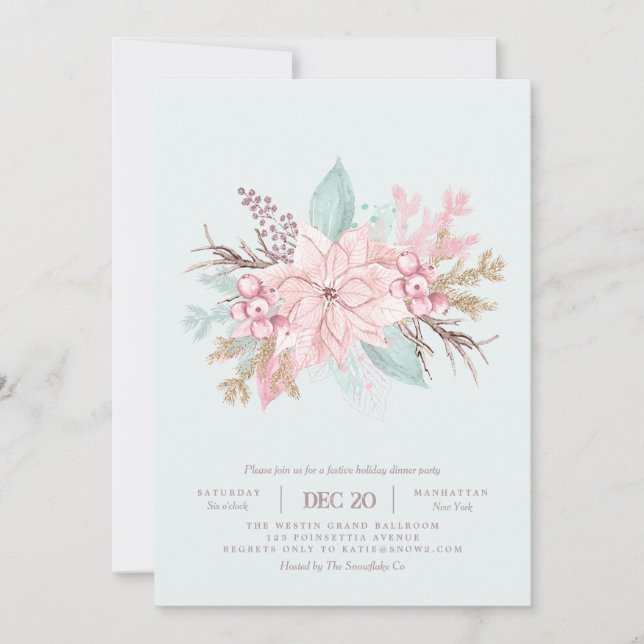 Invitation Pink Tis The Season Mint Dîner De Vacances Invitat (Devant)