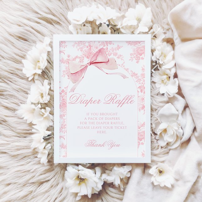 Invitation Pink Toile Bow Baby Girl Douche Diaper Raffle Sign (Créateur téléchargé)