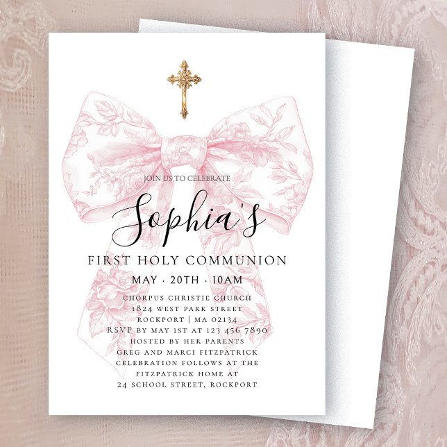Invitation Pink Toile Bow Cross Girl First Communion (Créateur téléchargé)