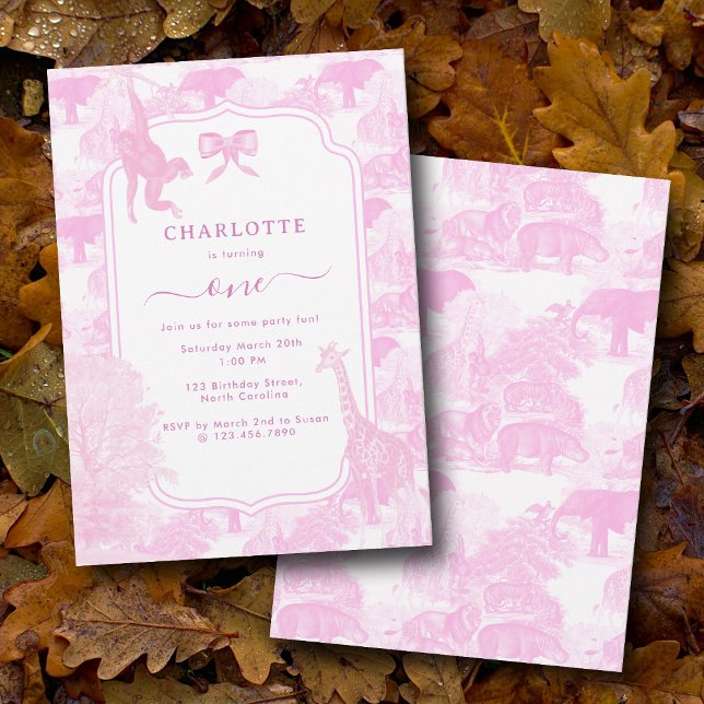 Invitation Pink Toile Safari Animaux Chinoiserie Anniversaire (Pink Toile Safari Animals Chinoiserie Birthday Invitation)