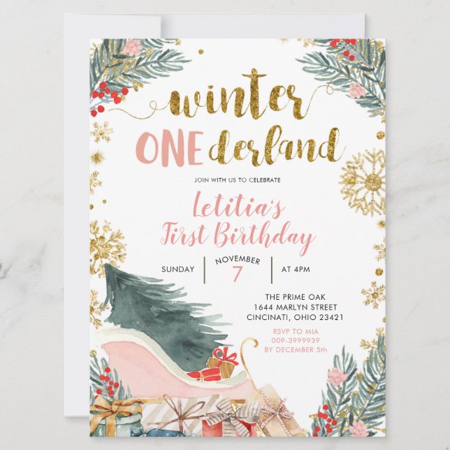 Invitation Pink traîneau hiver onderland Anniversaire Invitat (Devant)