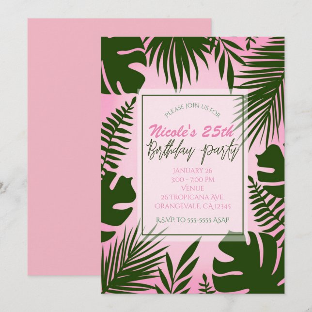 Invitation Pink Tropical Vert Feuilles été fête d'anniversair (Devant / Derrière)