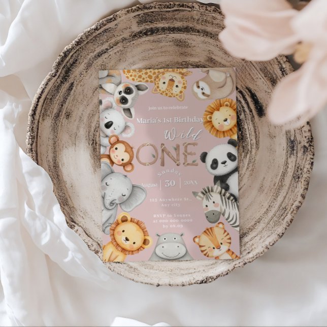 Invitation Pink Tropical Wild One Jungle Safari Animaux (Créateur téléchargé)