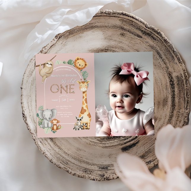 Invitation Pink Tropical Wild One Jungle Safari Animaux (Créateur téléchargé)