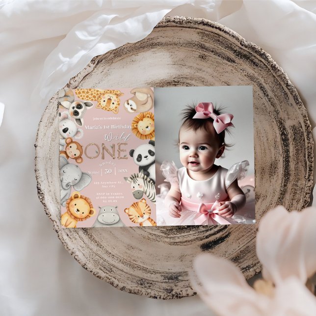 Invitation Pink Tropical Wild One Jungle Safari Animaux (Créateur téléchargé)