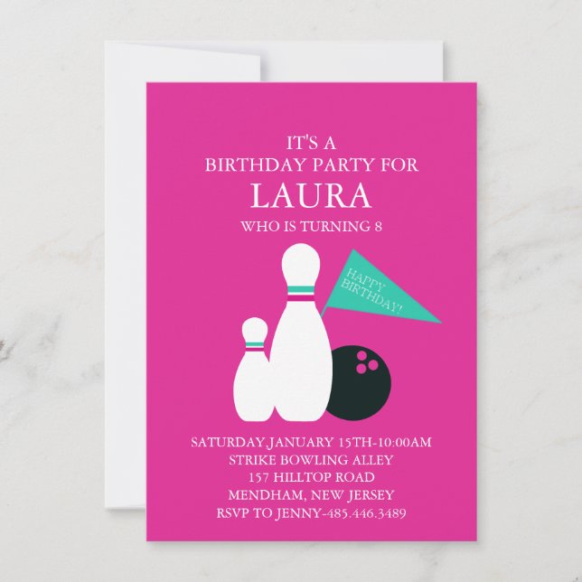Invitation Pink & Turquoise Kids Bowling Party Anniversaire I (Devant)