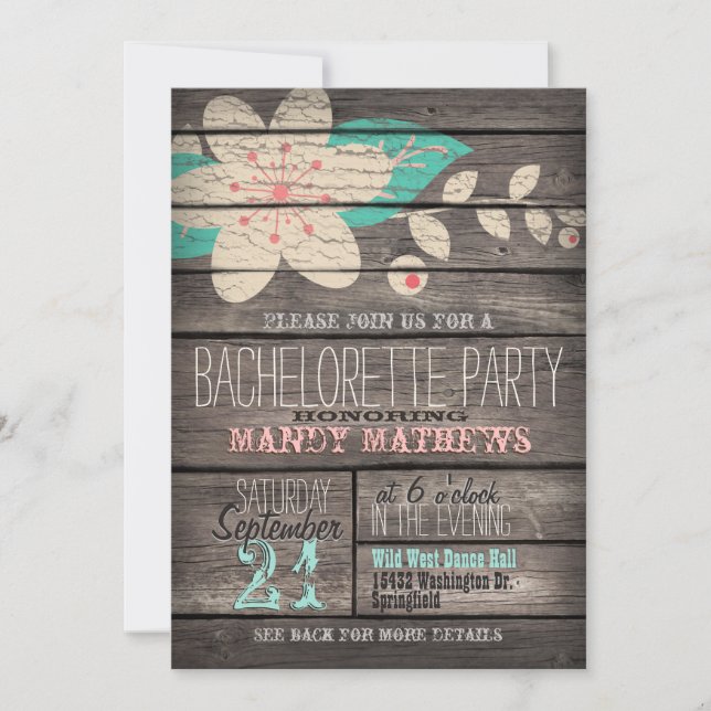 Invitation Pink & Turquoise Rustic Wood Bachelorette Party (Devant)