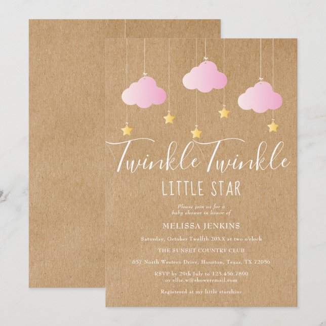 Invitation Pink Twinkle Baby shower Twinkle Rustic Kraft (Devant / Derrière)