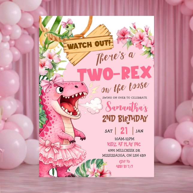 Invitation Pink Two Rex On The Loose Third Birthday (Créateur téléchargé)