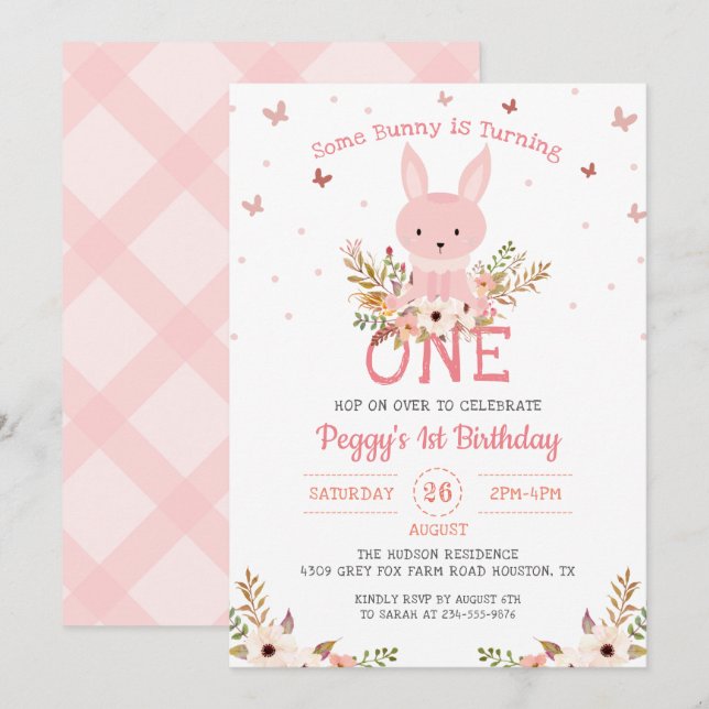 Invitation Pink Un Lapin Floral Fille 1er Anniversaire (Devant / Derrière)