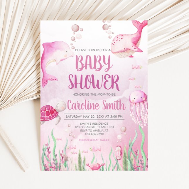 Invitation Pink Under the Sea Baby Shower (Summer Baby Shower Invitation)