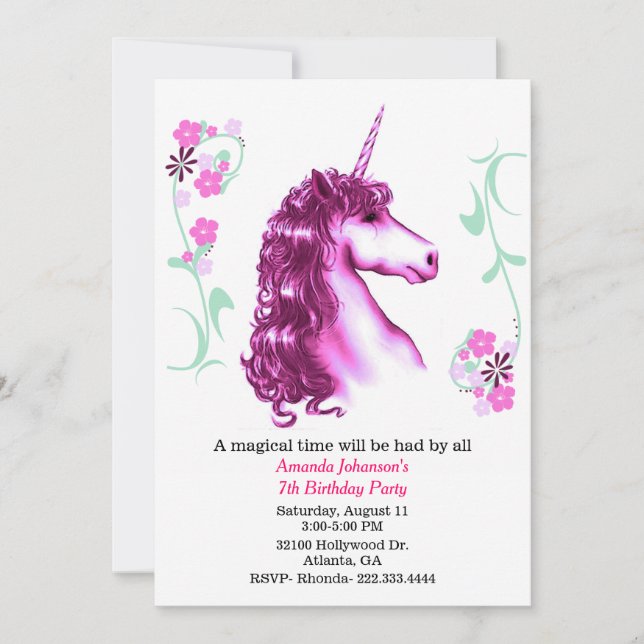 Invitation Pink Unicorn à la fête d'anniversaire (Devant)