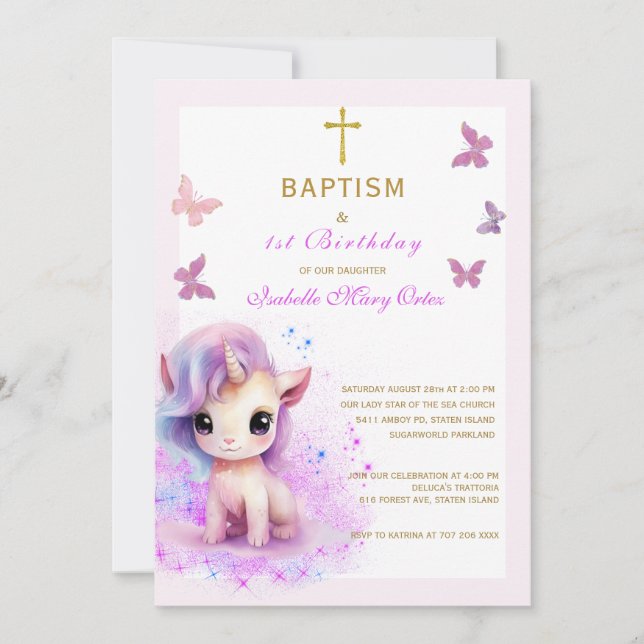 Invitation Pink Unicorn Baptême premier anniversaire Invitati (Devant)
