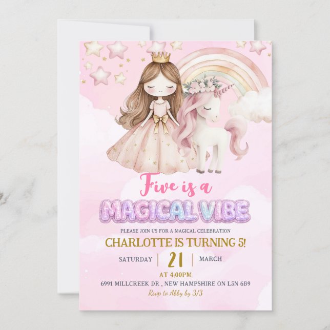 Invitation Pink Unicorn Five Is A Magical Vibe Birthday (Devant)