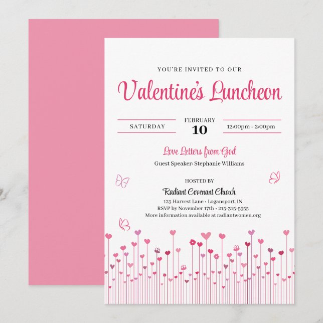 Invitation Pink Valentine's Church Luncheon Heart Flowers (Devant / Derrière)