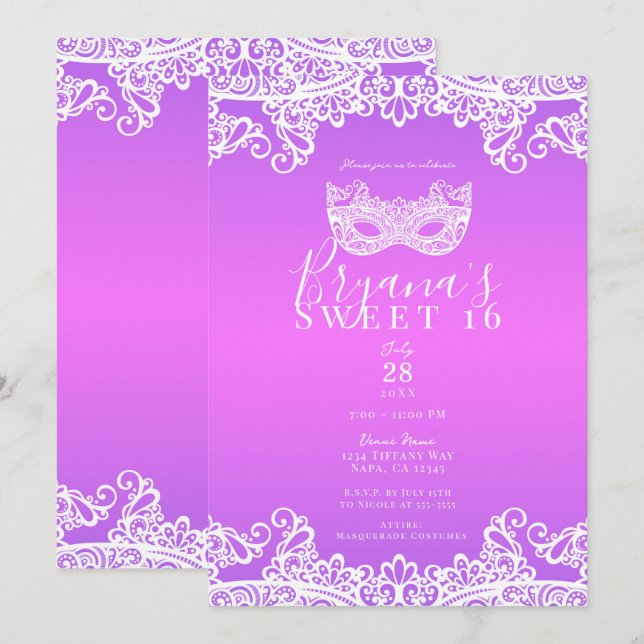 Invitation Pink violet blanc dentelle Masquerade Sweet 16 Par (Devant / Derrière)