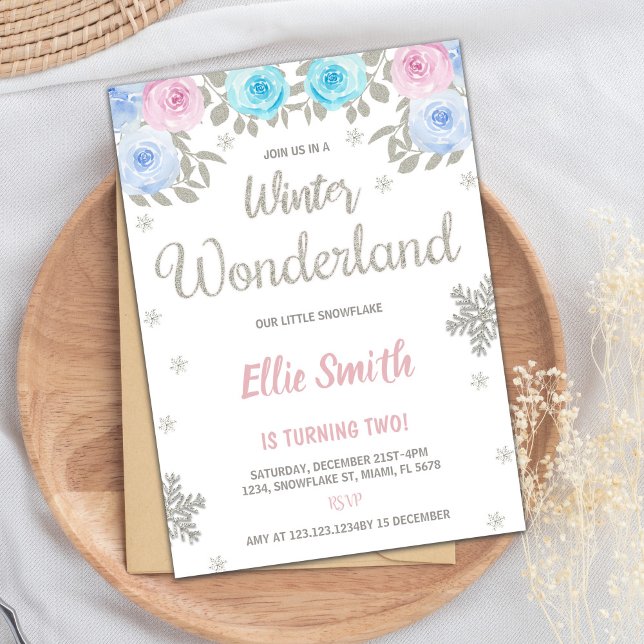 Invitation Pink violet Floral hiver Wonderland Anniversaire (Pink Purple Floral Winter Wonderland Birthday Invitation)