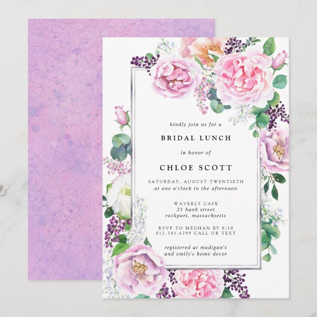 Invitation Pink violet Rose Floral Bridal Déjeuner (Devant / Derrière)