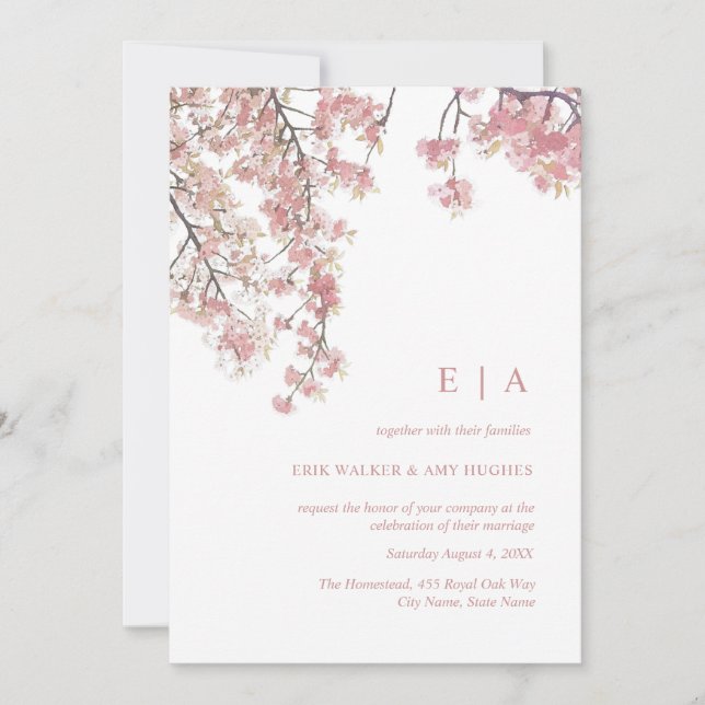 Invitation Pink water color cherry blossom wedation invitatio (Devant)