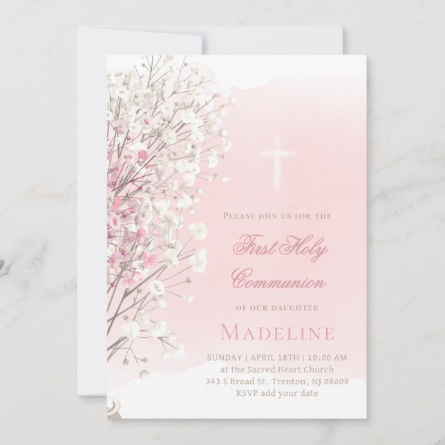 Invitation pink watercolor baby's breath |  First Communion (Devant)