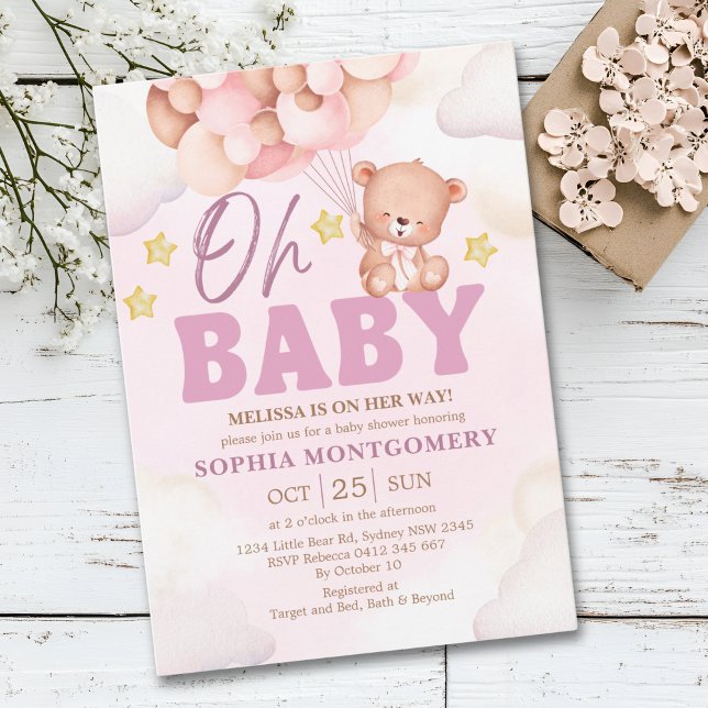 Invitation Pink Watercolor Bear Baby Shower Girl (Créateur téléchargé)