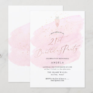 Invitation Pink Watercolor Champagne Glass+Bubbles