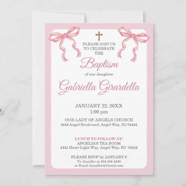 Invitation Pink Watercolor Double Bow & Cross Baptism (Devant)