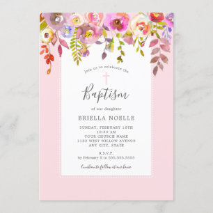 Invitation Pink Watercolor Floral Girl Baptism