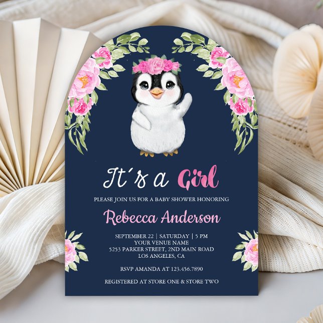 Invitation Pink Watercolor Floral Penguin Navy Baby Shower (Créateur téléchargé)