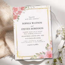 Pink Watercolor flowers Gold Modern Wedding Party 