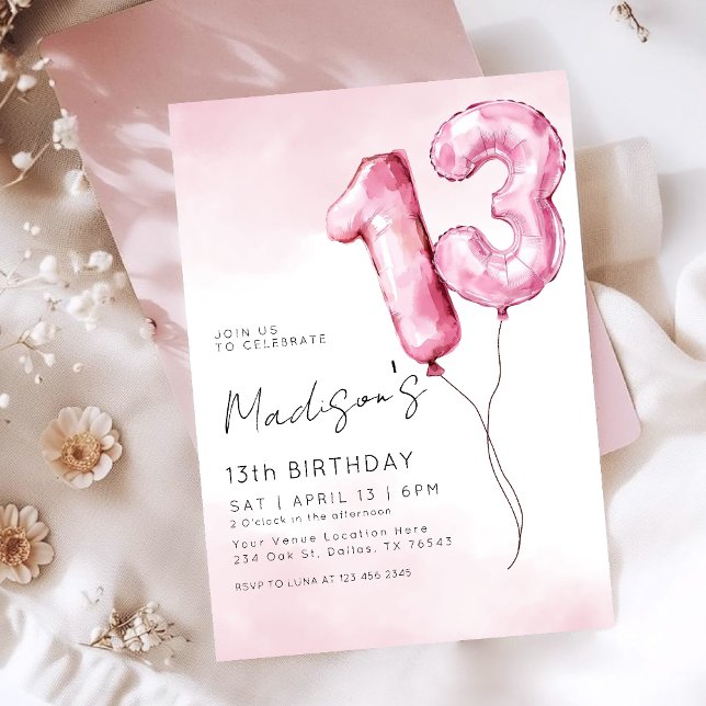Invitation Pink Watercolor Foil Balloon 13th Birthday (Créateur téléchargé)