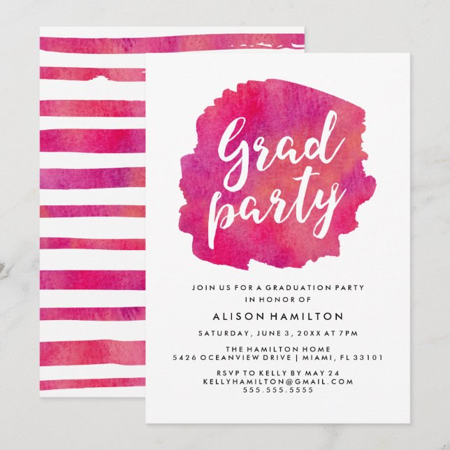 Invitation Pink Watercolor Graduation Party (Devant / Derrière)
