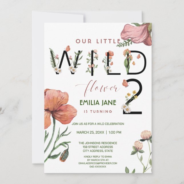 Invitation Pink Watercolor Little Poppies 2e anniversaire (Devant)