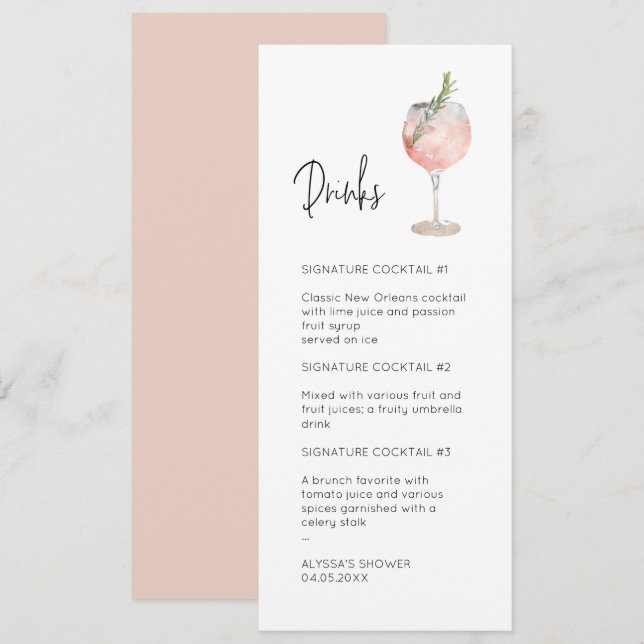 Invitation Pink Watercolor Signature Cocktail Menu (Devant / Derrière)