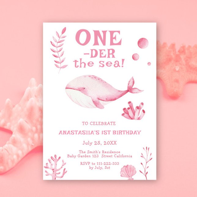 Invitation Pink Whale Oneder The Sea 1st Birthday  (Créateur téléchargé)