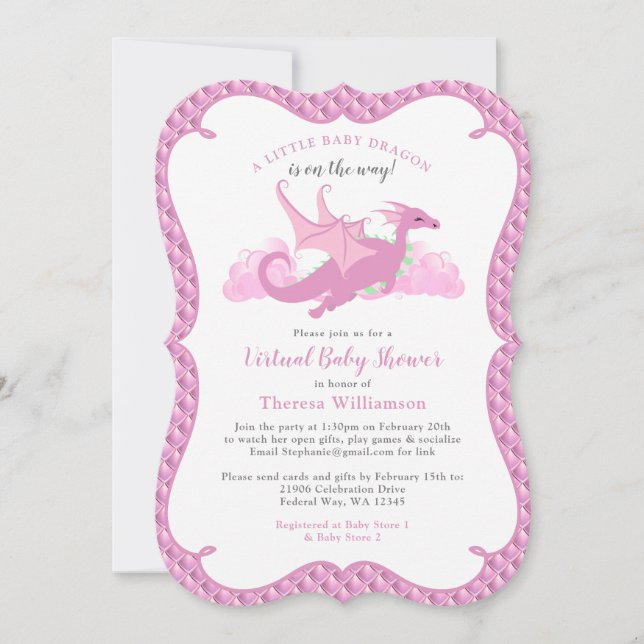 Invitation Pink Whimsical Girl Dragon Baby shower virtuel (Devant)
