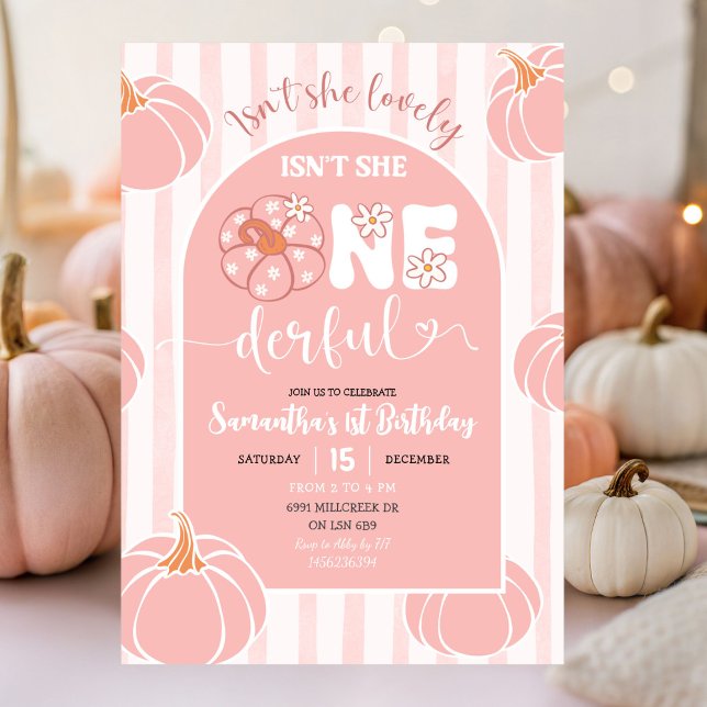 Invitation Pink Whimsical Stripes Citrouille Anniversaire com (Créateur téléchargé)