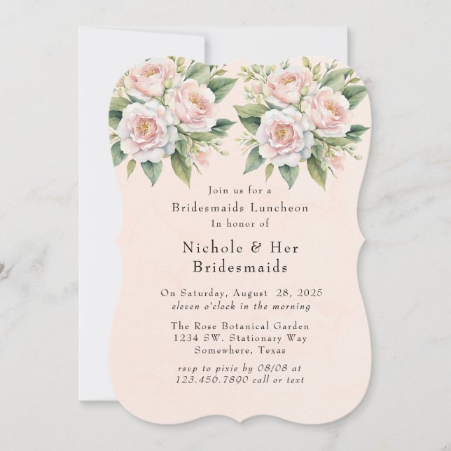 Invitation Pink White Botanical Roses Bridesmaiers Déjeuner (Devant)