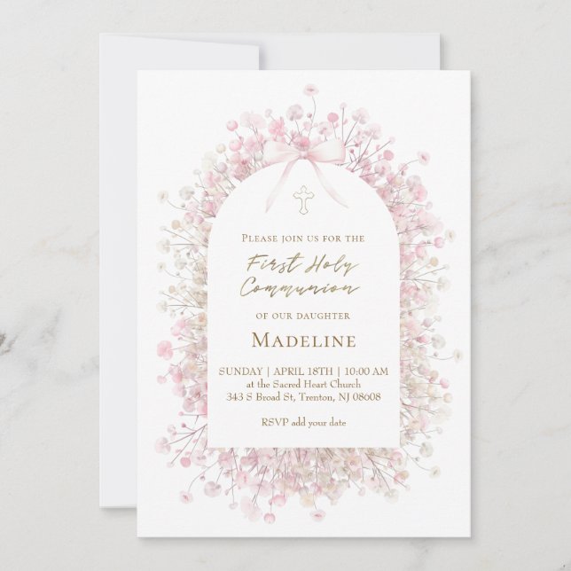 Invitation pink white  First Communion girl (Devant)
