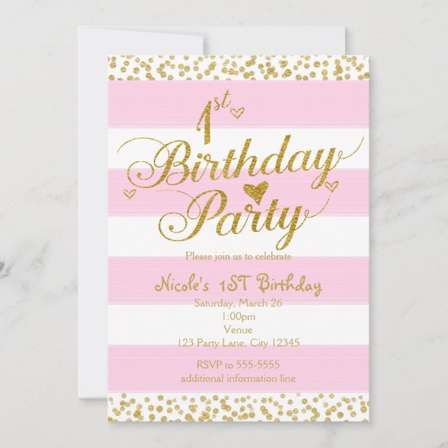 Invitation Pink White & Gold 1er anniversaire de fête Invitat (Devant)