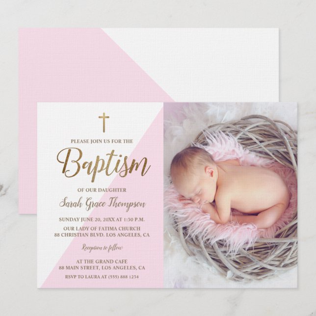 Invitation Pink White Gold Baptism photo fille fille (Devant / Derrière)