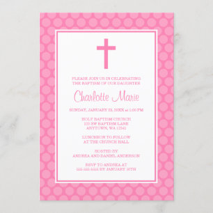 Invitation Pink White Polka Dot Cross Baptisme